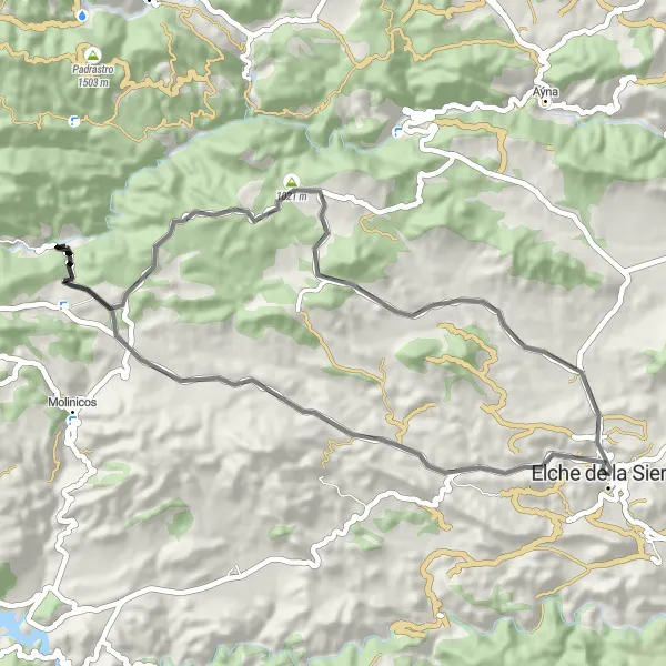 Miniatua del mapa de inspiración ciclista "Ruta de Fuente-Higuera y Fuente-Carrasca" en Castilla-La Mancha, Spain. Generado por Tarmacs.app planificador de rutas ciclistas