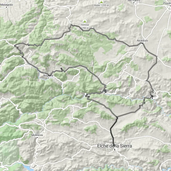 Map miniature of "The Ultimate Elche de la Sierra Cycling Experience" cycling inspiration in Castilla-La Mancha, Spain. Generated by Tarmacs.app cycling route planner