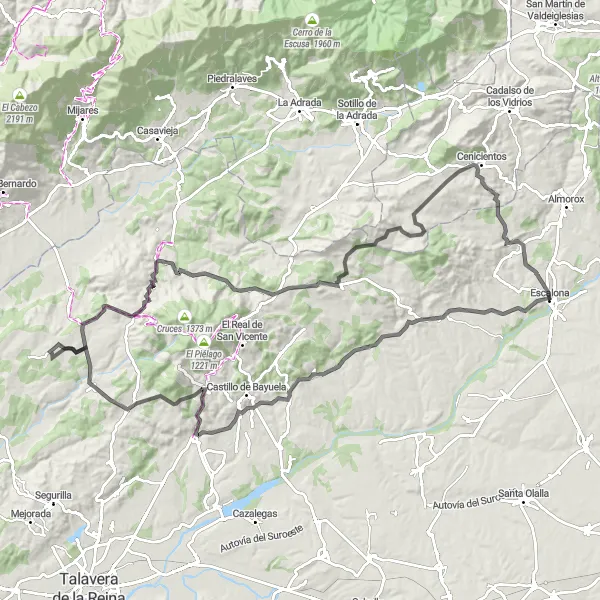 Miniatua del mapa de inspiración ciclista "Excursión escénica de Escalona a Navamorcuende" en Castilla-La Mancha, Spain. Generado por Tarmacs.app planificador de rutas ciclistas