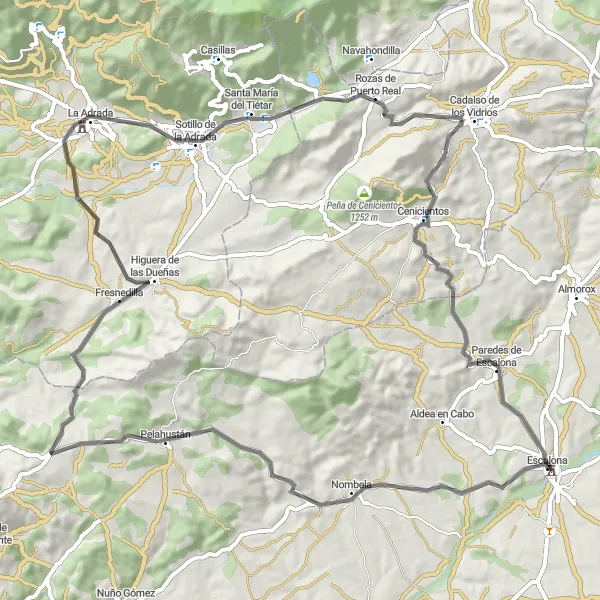 Map miniature of "Road Adventure Extravaganza" cycling inspiration in Castilla-La Mancha, Spain. Generated by Tarmacs.app cycling route planner