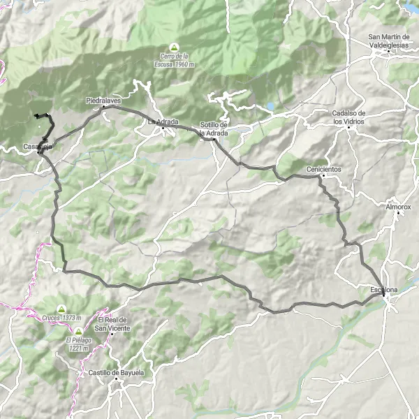 Miniatura mapy "Trasa rowerowa Escalona - Nombela - Pelahustán - La Iglesuela del Tiétar - Casavieja - Piedralaves - Sotillo de la Adrada - Paredes de Escalona" - trasy rowerowej w Castilla-La Mancha, Spain. Wygenerowane przez planer tras rowerowych Tarmacs.app