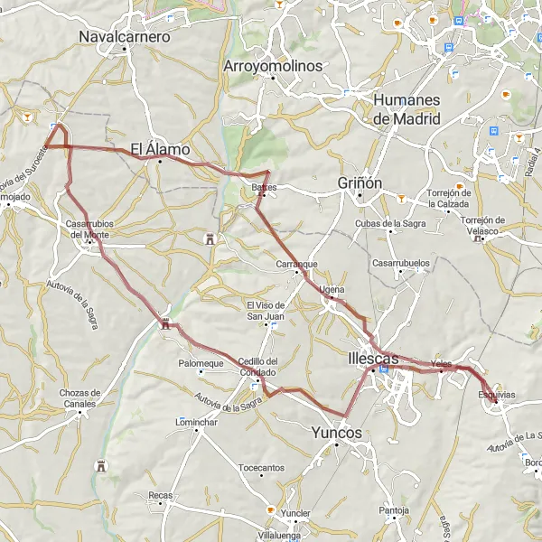 Map miniature of "Gravel Delights: Esquivias to Yeles" cycling inspiration in Castilla-La Mancha, Spain. Generated by Tarmacs.app cycling route planner