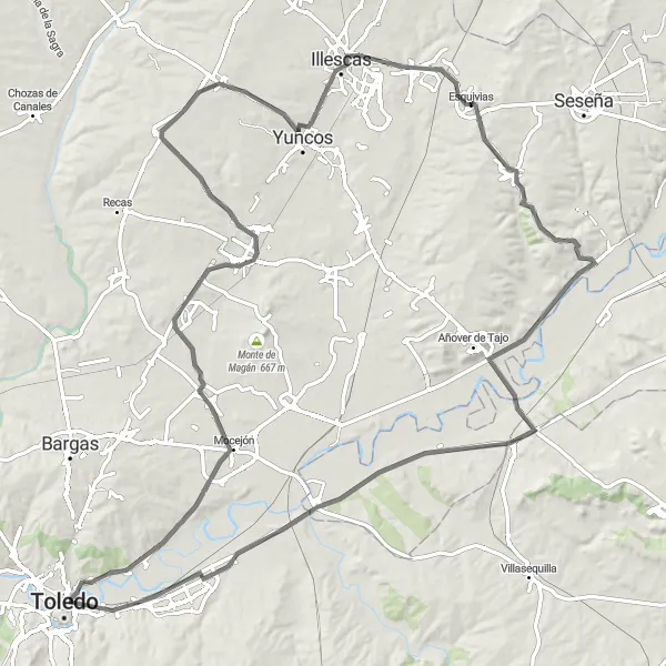 Miniatura mapy "Wycieczka przez Algodor, Castillo de San Servando i Cedillo del Condado" - trasy rowerowej w Castilla-La Mancha, Spain. Wygenerowane przez planer tras rowerowych Tarmacs.app