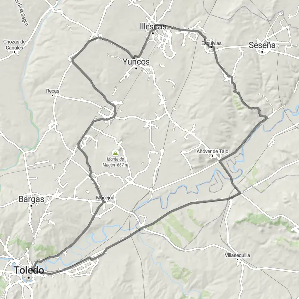 Miniatuurkaart van de fietsinspiratie "Historische fietstocht vanuit Esquivias naar Castillo de San Servando" in Castilla-La Mancha, Spain. Gemaakt door de Tarmacs.app fietsrouteplanner