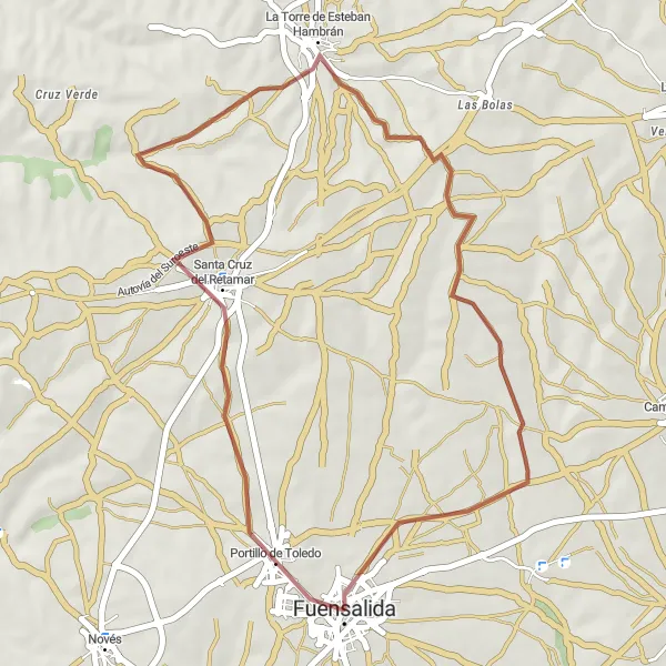 Miniatua del mapa de inspiración ciclista "Ruta de grava desde Fuensalida" en Castilla-La Mancha, Spain. Generado por Tarmacs.app planificador de rutas ciclistas