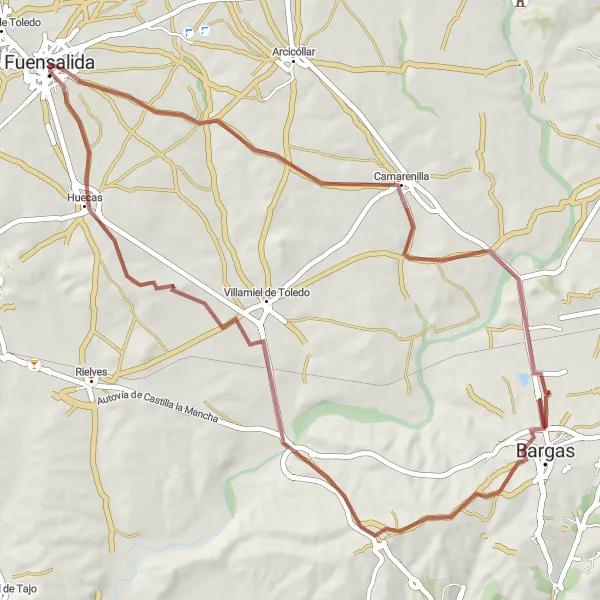 Miniatura mapy "Krótka gravelowa trasa rowerowa z Fuensalidy do Huecas" - trasy rowerowej w Castilla-La Mancha, Spain. Wygenerowane przez planer tras rowerowych Tarmacs.app
