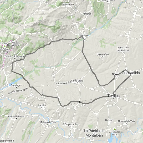 Map miniature of "Fuensalida - Carmena - Erustes - Los Cerralbos - Garciotum - Escalona - Caudilla - Portillo de Toledo Road Tour" cycling inspiration in Castilla-La Mancha, Spain. Generated by Tarmacs.app cycling route planner