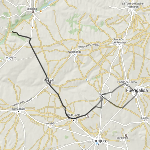 Map miniature of "Fuensalida - Villarta de Escalona - Maqueda - Caudilla Road Circuit" cycling inspiration in Castilla-La Mancha, Spain. Generated by Tarmacs.app cycling route planner