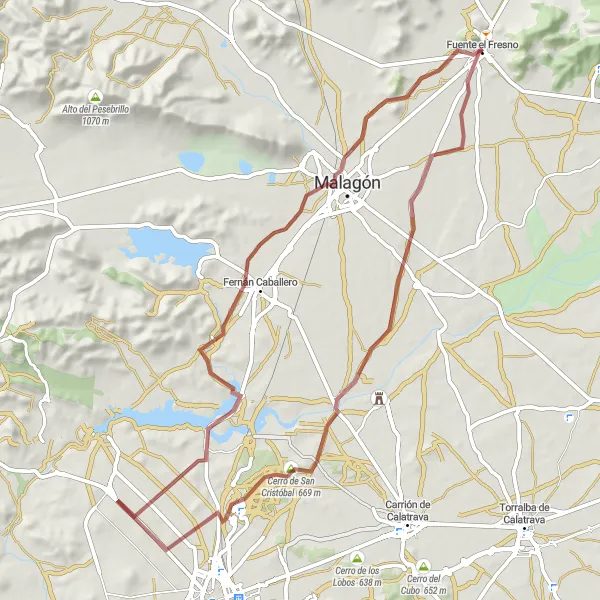 Miniatuurkaart van de fietsinspiratie "Gravelroute naar Malagón" in Castilla-La Mancha, Spain. Gemaakt door de Tarmacs.app fietsrouteplanner