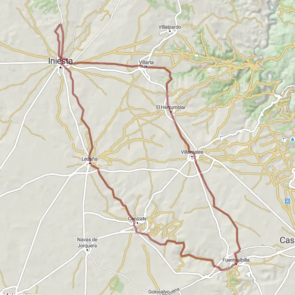 Map miniature of "Scenic gravel ride to Iniesta and Villarta" cycling inspiration in Castilla-La Mancha, Spain. Generated by Tarmacs.app cycling route planner