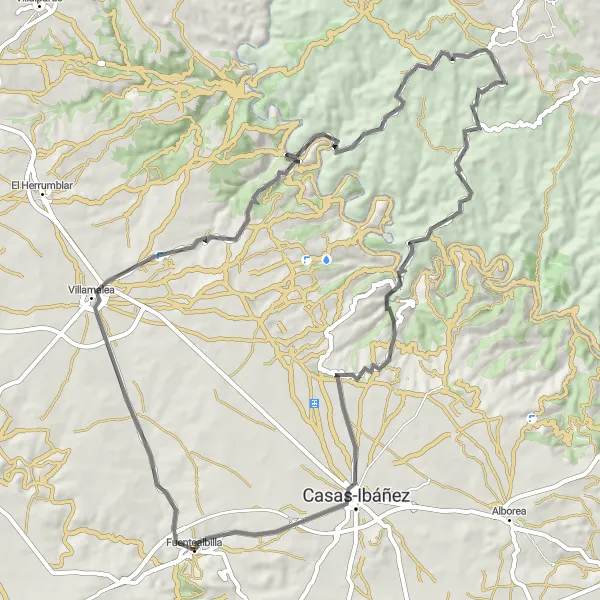 Map miniature of "Ride from Fuentealbilla to Casas-Ibáñez" cycling inspiration in Castilla-La Mancha, Spain. Generated by Tarmacs.app cycling route planner