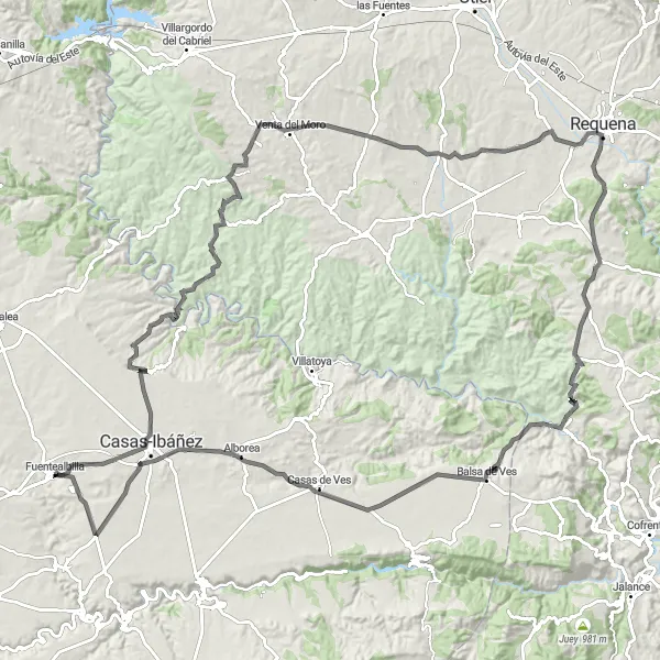 Map miniature of "Loop through Tabaqueros, Los Ruices, and Alborea" cycling inspiration in Castilla-La Mancha, Spain. Generated by Tarmacs.app cycling route planner
