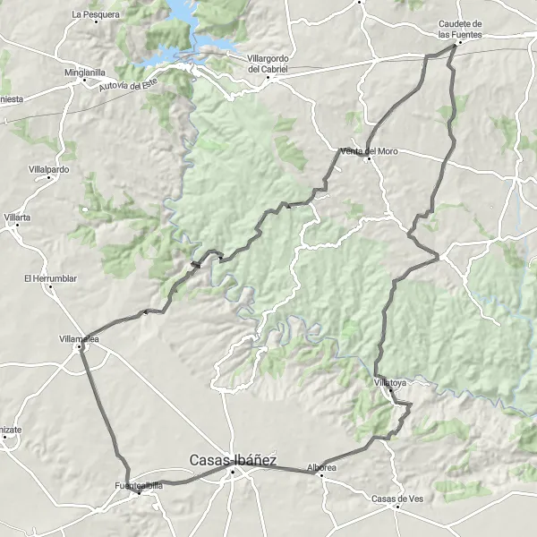 Map miniature of "Ride through Villamalea and Los Cojos" cycling inspiration in Castilla-La Mancha, Spain. Generated by Tarmacs.app cycling route planner