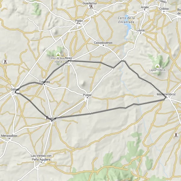 Map miniature of "Scenic Road Cycling Route from Gálvez to Castillo de Peñaflor" cycling inspiration in Castilla-La Mancha, Spain. Generated by Tarmacs.app cycling route planner