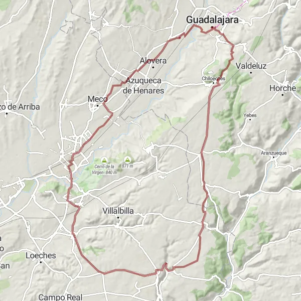 Miniatua del mapa de inspiración ciclista "Ruta en bici de gravilla desde Guadalajara a Castilla-La Mancha" en Castilla-La Mancha, Spain. Generado por Tarmacs.app planificador de rutas ciclistas