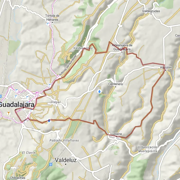 Miniatuurkaart van de fietsinspiratie "Graveltocht naar Valdenoches, Atanzón en Lupiana" in Castilla-La Mancha, Spain. Gemaakt door de Tarmacs.app fietsrouteplanner