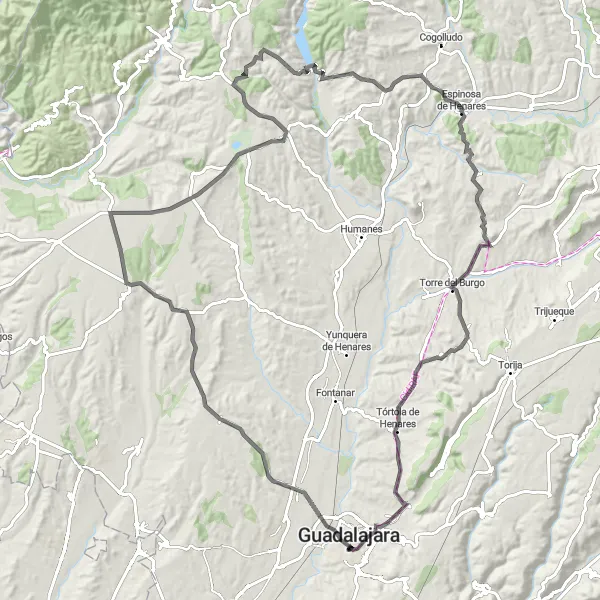 Miniatura mapy "Szlak Rowerowy przez Marchamalo, Usanos, Villaseca de Uceda, Puebla de Beleña, Cerro de Hita, Hita i Taracena" - trasy rowerowej w Castilla-La Mancha, Spain. Wygenerowane przez planer tras rowerowych Tarmacs.app