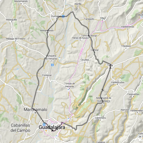 Miniatua del mapa de inspiración ciclista "Ruta escénica por carretera en Guadalajara" en Castilla-La Mancha, Spain. Generado por Tarmacs.app planificador de rutas ciclistas
