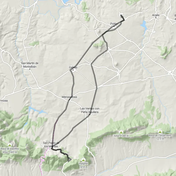 Miniatua del mapa de inspiración ciclista "Desafío en Carretera hacia Noez" en Castilla-La Mancha, Spain. Generado por Tarmacs.app planificador de rutas ciclistas