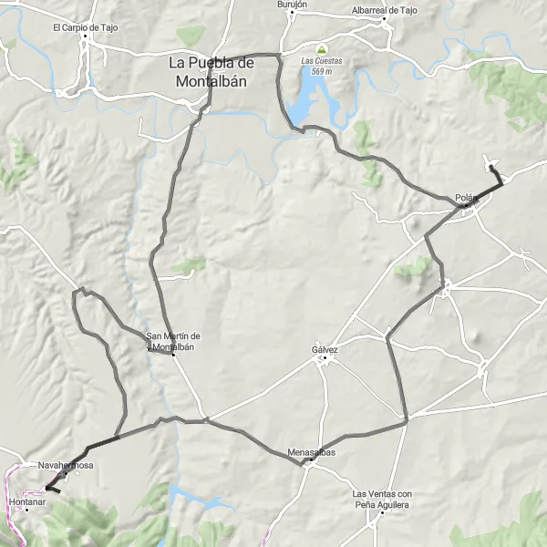 Map miniature of "Toledo Hills and Valleys" cycling inspiration in Castilla-La Mancha, Spain. Generated by Tarmacs.app cycling route planner