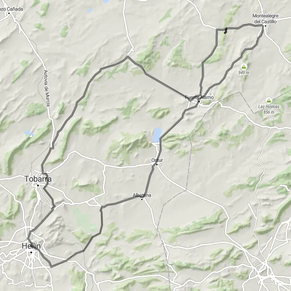 Map miniature of "Hellín to Mora de Santa Quiteria Epic Ride" cycling inspiration in Castilla-La Mancha, Spain. Generated by Tarmacs.app cycling route planner