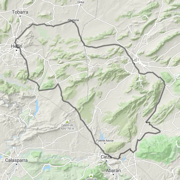 Map miniature of "Journey through Hellín and Cieza by Road Bike" cycling inspiration in Castilla-La Mancha, Spain. Generated by Tarmacs.app cycling route planner