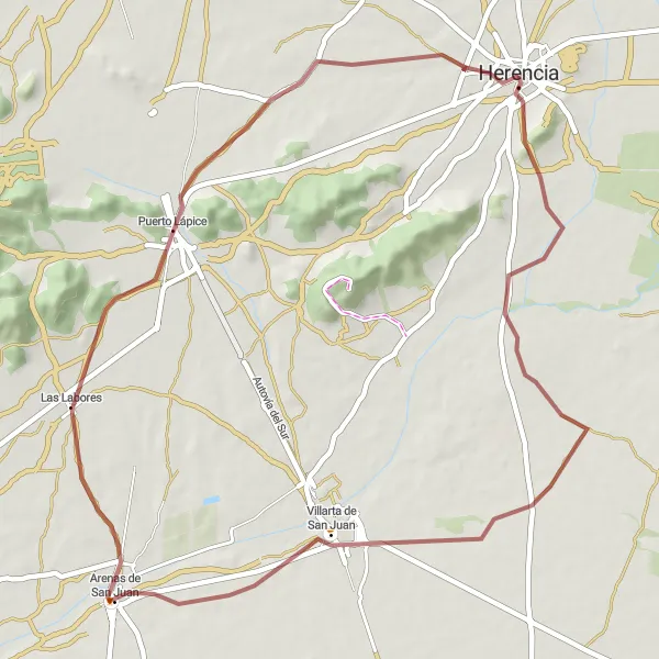 Miniatua del mapa de inspiración ciclista "Ruta de los Caminos de Grava" en Castilla-La Mancha, Spain. Generado por Tarmacs.app planificador de rutas ciclistas