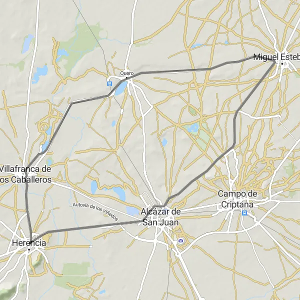 Miniatura mapy "Trasa przez Villafranca de los Caballeros, Quero i Miguel Esteban" - trasy rowerowej w Castilla-La Mancha, Spain. Wygenerowane przez planer tras rowerowych Tarmacs.app