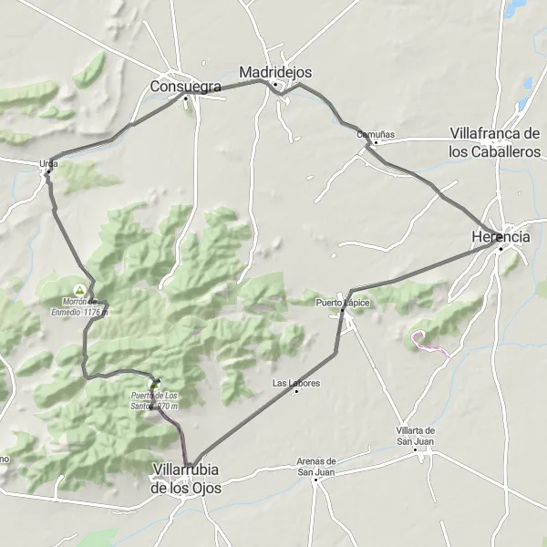 Miniatuurkaart van de fietsinspiratie "Rit naar Puerto Lápice, Consuegra en terug naar Herencia" in Castilla-La Mancha, Spain. Gemaakt door de Tarmacs.app fietsrouteplanner