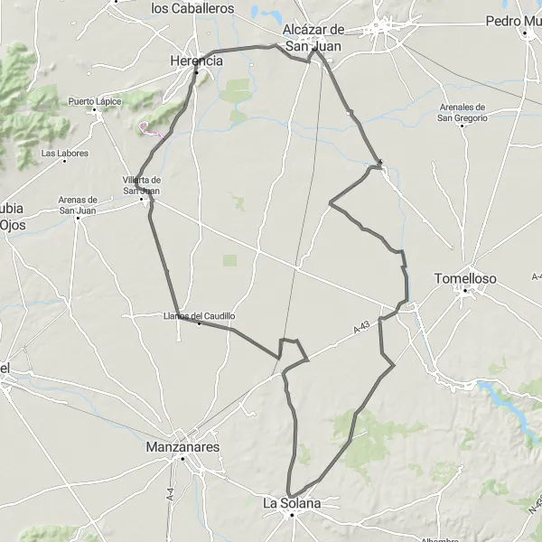 Map miniature of "Windmills Route" cycling inspiration in Castilla-La Mancha, Spain. Generated by Tarmacs.app cycling route planner