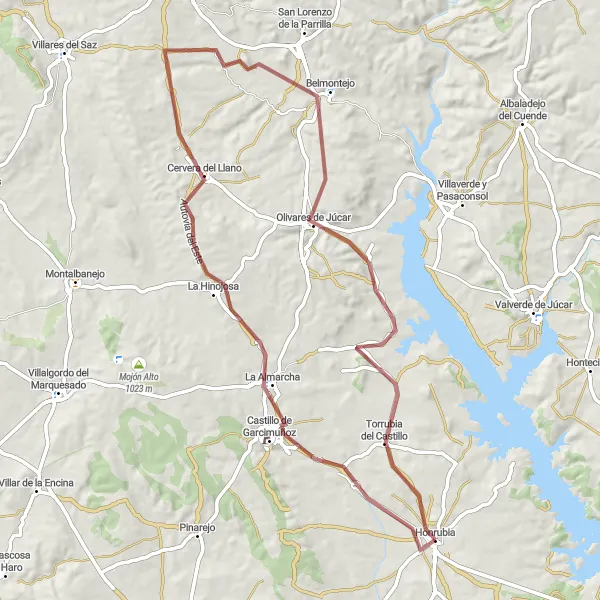 Map miniature of "Honrubia to Castillo de Garcimuñoz Gravel Route" cycling inspiration in Castilla-La Mancha, Spain. Generated by Tarmacs.app cycling route planner