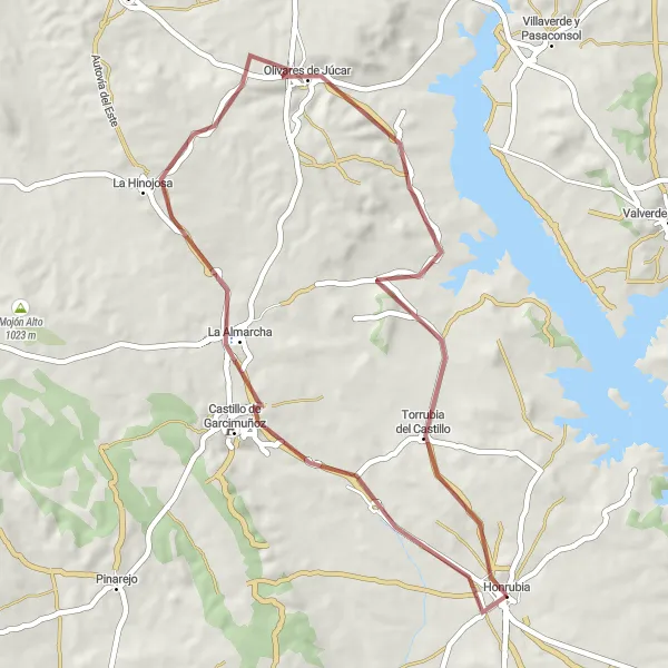 Map miniature of "Gravel Adventure to La Almarcha and Torrubia del Castillo" cycling inspiration in Castilla-La Mancha, Spain. Generated by Tarmacs.app cycling route planner