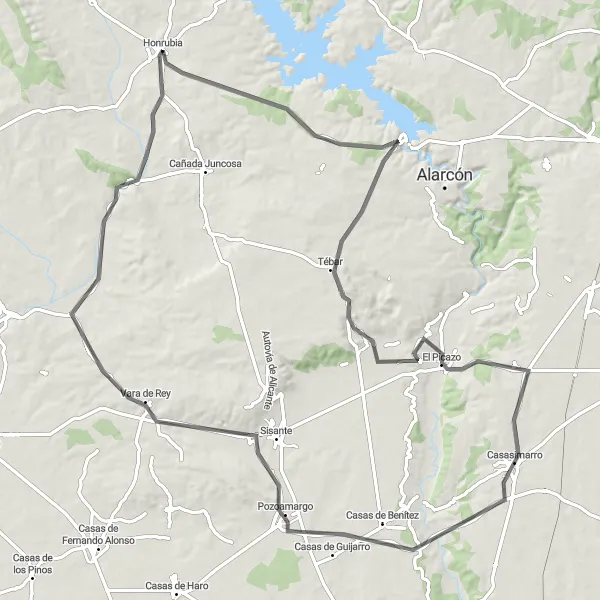 Map miniature of "Honrubia to Tébar Road Route" cycling inspiration in Castilla-La Mancha, Spain. Generated by Tarmacs.app cycling route planner