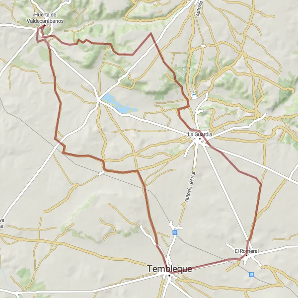 Map miniature of "Gravel Ride, From Huerta de Valdecarábanos to La Guardia and Tembleque" cycling inspiration in Castilla-La Mancha, Spain. Generated by Tarmacs.app cycling route planner