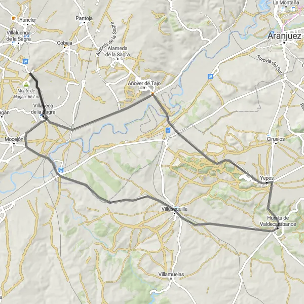 Miniatura mapy "Trasa Road Adventure Villasequilla - Algodor - Plaza de Toros - Villaseca de la Sagra - Añover de Tajo - Yepes" - trasy rowerowej w Castilla-La Mancha, Spain. Wygenerowane przez planer tras rowerowych Tarmacs.app