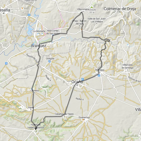 Miniatura mapy "Pełen wyzwań szlak rowerowy w okolicach Huerta de Valdecarábanos" - trasy rowerowej w Castilla-La Mancha, Spain. Wygenerowane przez planer tras rowerowych Tarmacs.app