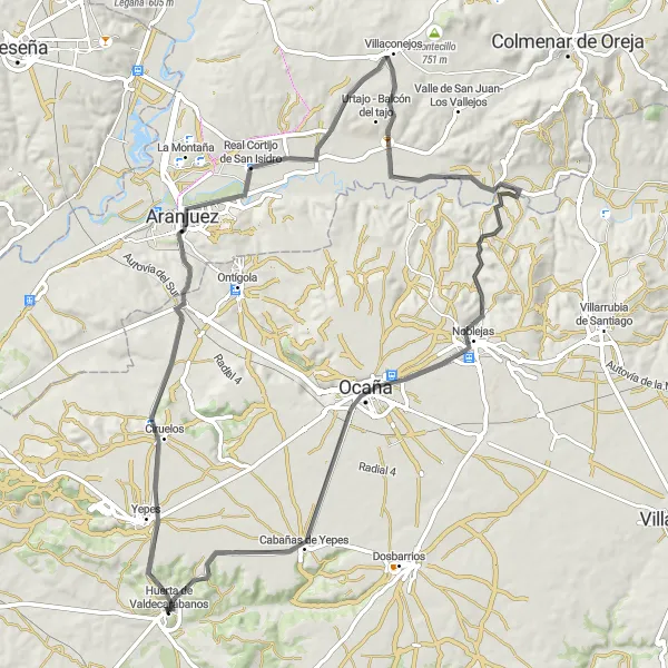 Map miniature of "Ride through the Countryside to Cabañas de Yepes" cycling inspiration in Castilla-La Mancha, Spain. Generated by Tarmacs.app cycling route planner