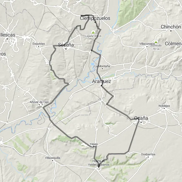 Map miniature of "Scenic Road Cycling Route, From Huerta de Valdecarábanos to Yepes and Ciempozuelos" cycling inspiration in Castilla-La Mancha, Spain. Generated by Tarmacs.app cycling route planner