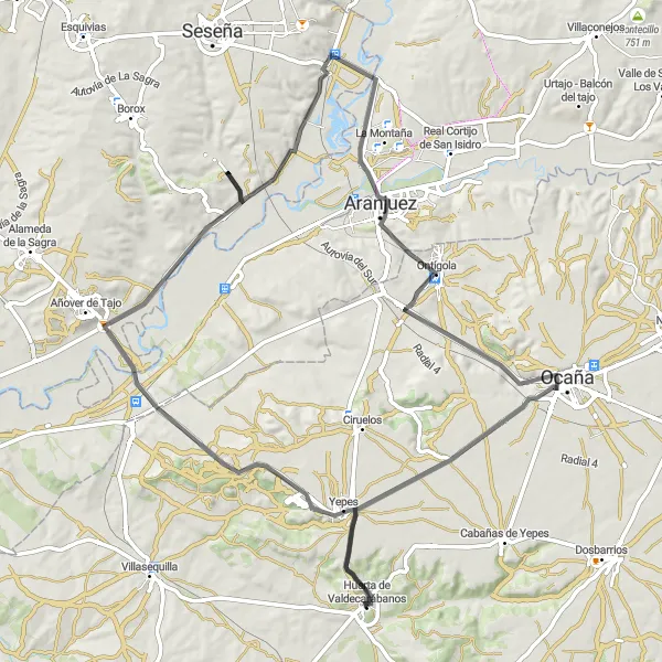 Map miniature of "A Scenic Ride through Yepes and Ocaña" cycling inspiration in Castilla-La Mancha, Spain. Generated by Tarmacs.app cycling route planner