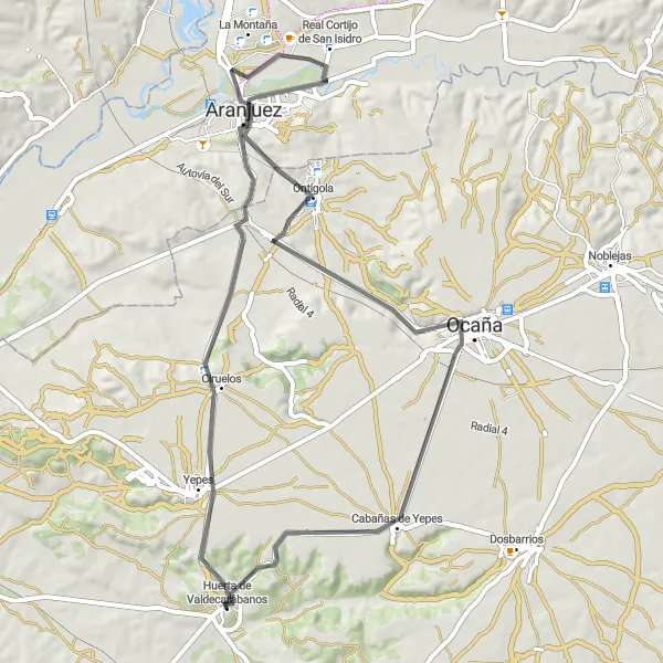 Miniatura mapy "Trasa Road Adventure Ciruelos - Casa del Gobernador - Tambor - Ontígola - Cabañas de Yepes" - trasy rowerowej w Castilla-La Mancha, Spain. Wygenerowane przez planer tras rowerowych Tarmacs.app