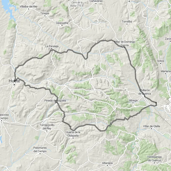 Miniatua del mapa de inspiración ciclista "Ruta en bicicleta de carretera desde Huete" en Castilla-La Mancha, Spain. Generado por Tarmacs.app planificador de rutas ciclistas