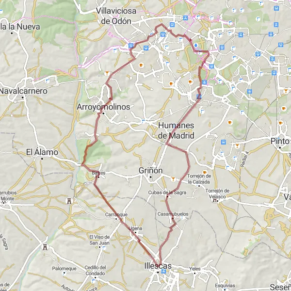 Miniatua del mapa de inspiración ciclista "Ruta en grava hacia Batres" en Castilla-La Mancha, Spain. Generado por Tarmacs.app planificador de rutas ciclistas