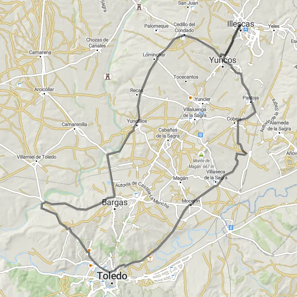 Miniatua del mapa de inspiración ciclista "Desafío de Ciclismo de Carretera alrededor de Illescas" en Castilla-La Mancha, Spain. Generado por Tarmacs.app planificador de rutas ciclistas