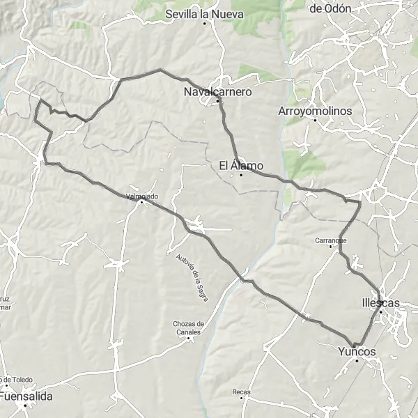 Map miniature of "Ultimate Road Cycling Adventure: Cedillo del Condado to El Álamo" cycling inspiration in Castilla-La Mancha, Spain. Generated by Tarmacs.app cycling route planner