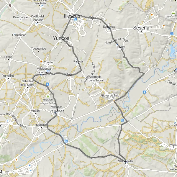 Miniatua del mapa de inspiración ciclista "Ruta de Ciclismo de Carretera desde Illescas" en Castilla-La Mancha, Spain. Generado por Tarmacs.app planificador de rutas ciclistas