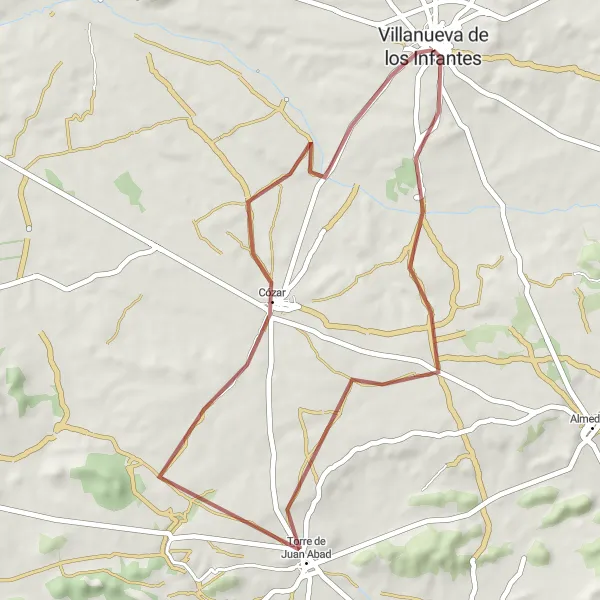 Miniatua del mapa de inspiración ciclista "Ruta de gravilla desde Infantes" en Castilla-La Mancha, Spain. Generado por Tarmacs.app planificador de rutas ciclistas