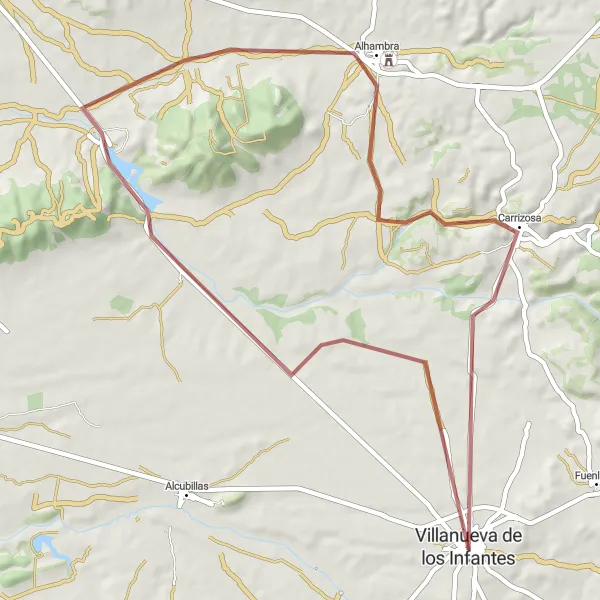 Miniatura mapy "Infantes - Mirador del Calvario - Alhambra - Carrizosa - Don Quijote y Sancho Panza - Infantes" - trasy rowerowej w Castilla-La Mancha, Spain. Wygenerowane przez planer tras rowerowych Tarmacs.app