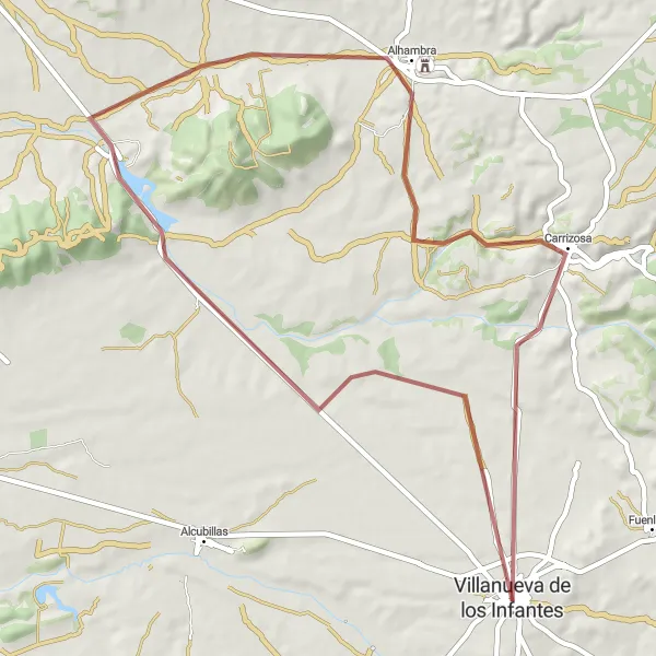 Map miniature of "Gravel Adventure: Infantes and Beyond" cycling inspiration in Castilla-La Mancha, Spain. Generated by Tarmacs.app cycling route planner