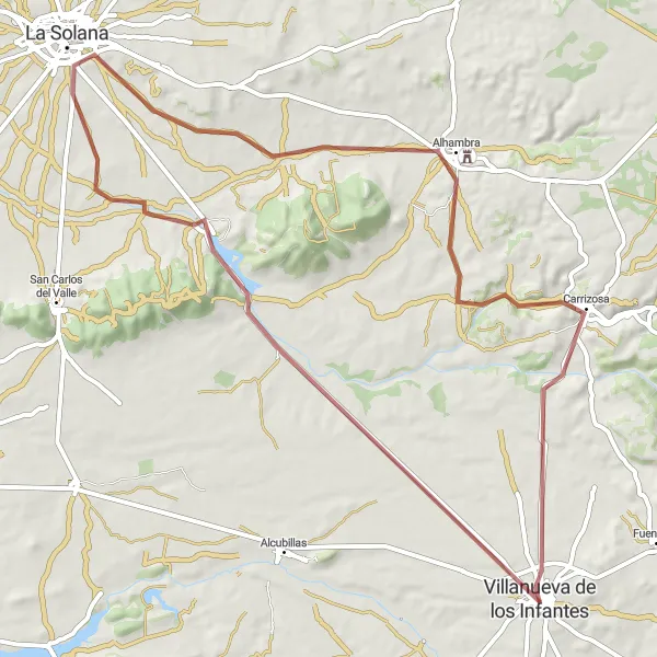 Map miniature of "Gravel Route from Infantes to Don Quijote and Sancho Panza" cycling inspiration in Castilla-La Mancha, Spain. Generated by Tarmacs.app cycling route planner