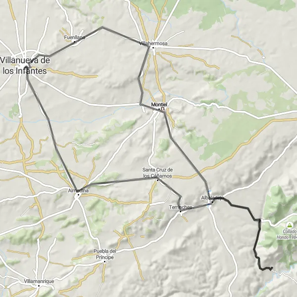 Map miniature of "The Albaladejo Highway" cycling inspiration in Castilla-La Mancha, Spain. Generated by Tarmacs.app cycling route planner